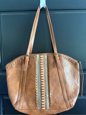 American West Tan Studded Tote with Center Contrast Stripe